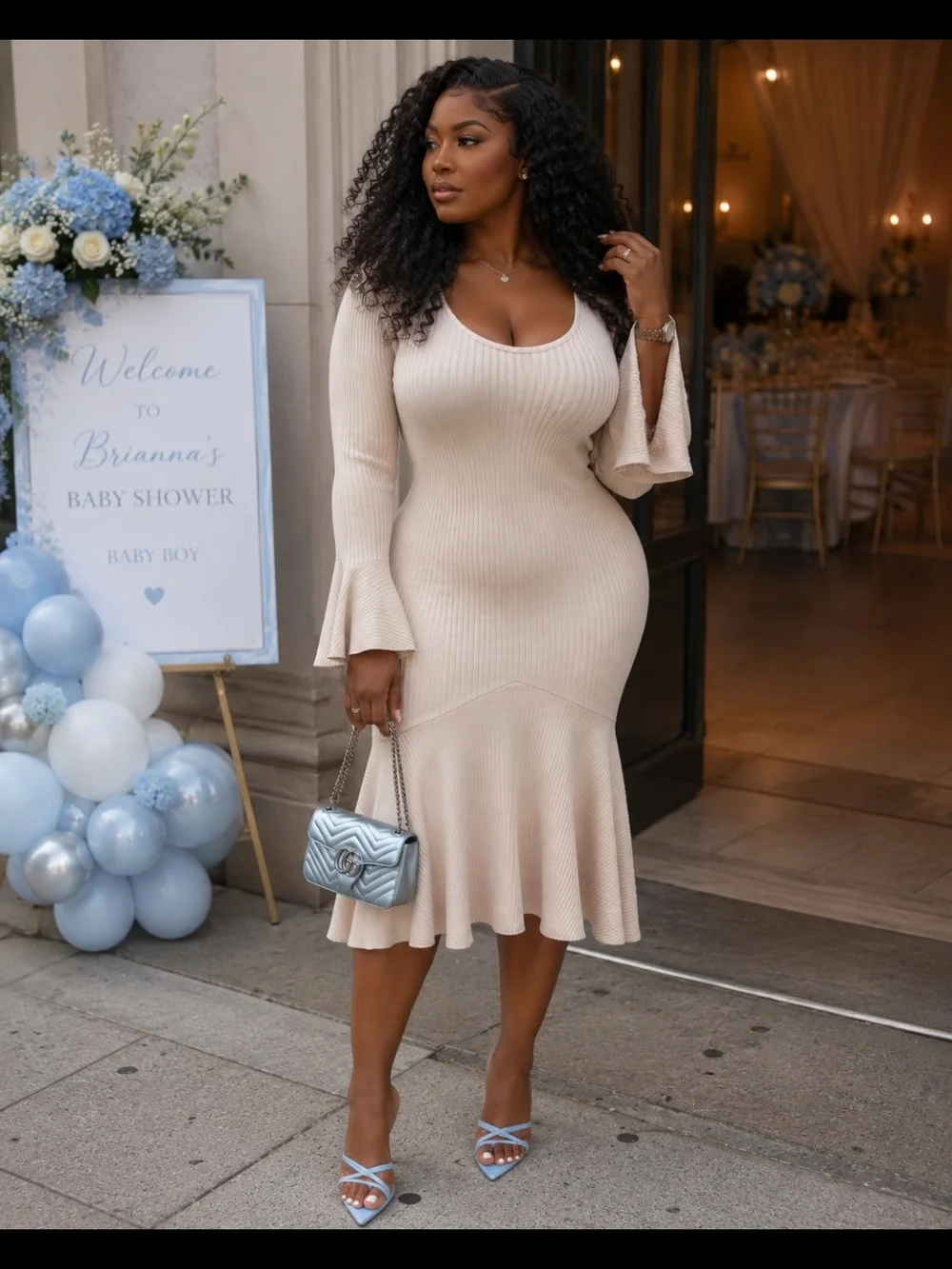 Ribbed Flounce Midi Dress in Beige - Picture 3 of 6